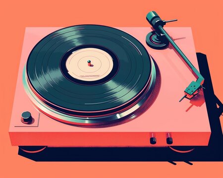 Analog vibes of a vinyl record player, retro technology, nostalgic fashion, timeless icons, vintage posters, old school music, illustration