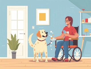 Disabled person in a wheelchair interacting with a happy dog inside a cozy home, promoting companionship and support for disabled individuals.
