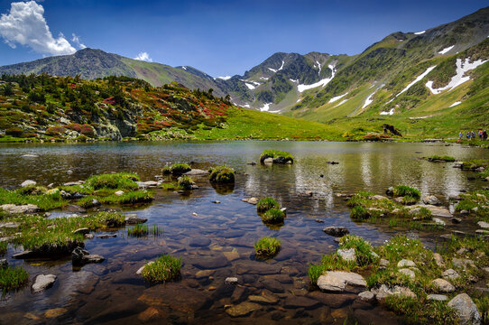 Carlit Lakes, Les Bouillouses, in summer. In the background, the Carlit summit (Pyrenees Orientales, France)