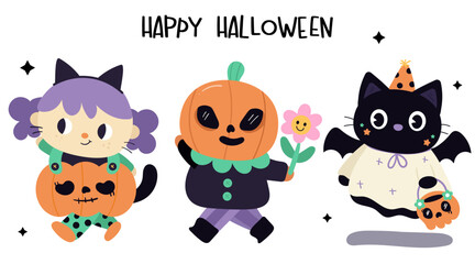 Set of halloween cartoon cat ghost and girl kawaii card spooky