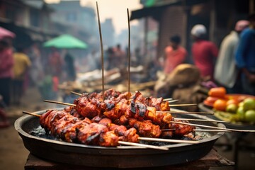 Naklejka premium Tandoori skewers against the backdrop of a lively Indian village market.