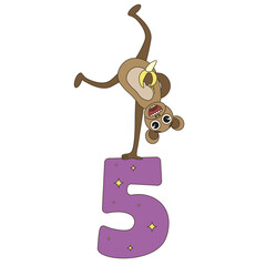 Funny five. Template for Birthday party with 5 number and cute monkey. African birth holiday art isolated white background. Simple flat vector illustration for greeting postcard cover print. Editable 