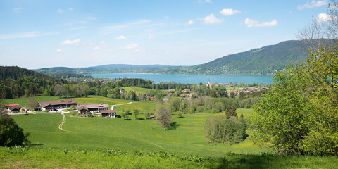 rural landscape above lake Tegernsee, village Kleinbuch, springtime scenery