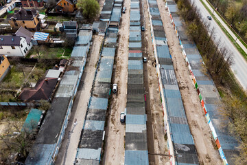 Aerial view of rows of car storage garages, Russia