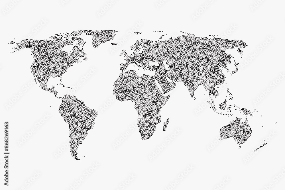 Wall mural flat earth world map with round dots. round pixel pattern. modern digital globe. black dots on white