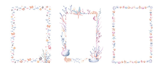 frame of sea animals. Blue watercolor ocean fish wreath, turtle, whale and coral. Shell aquarium mermaid submarine. Nautical dolphin marine illustration, jellyfish, starfish