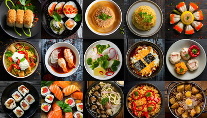 Collage. Assortment of dishes from different countries of the world. Food and snacks