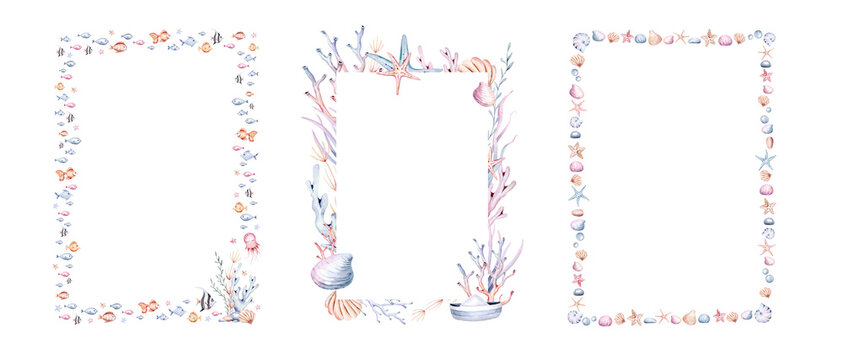 frame of sea animals. Blue watercolor ocean fish wreath, turtle, whale and coral. Shell aquarium mermaid submarine. Nautical dolphin marine illustration, jellyfish, starfish