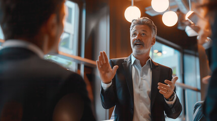business man in a suit is speaking to his team members standing inside a modern office with glass walls and warm lighting, company strategy, customer service