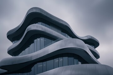 Futuristic architecture design of modern building under cloudy sky
