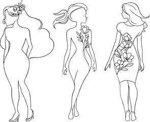 Abstract Fashion Woman Silhouette: Modern Line Art, Floral Design, Beauty, and Pretty Female Vector