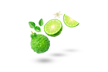 Flying bergamot sliced with leaf and flower isolated on white background , clipping path.