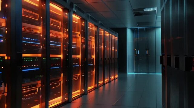 Modern Server Room with Rows of Glowing Servers