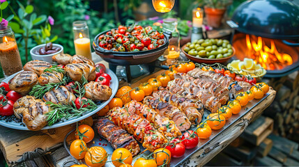 Friends preparing delicious barbecue food during garden party celebration