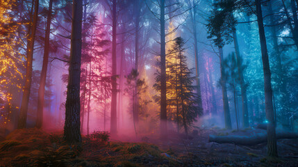 Obraz premium A holographic projection of a fairy tale forest in which each tree emits light in a different color, creating a magical and colorful landscape. The fog floating around adds mystery to the entire scene
