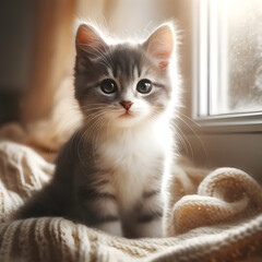 Grey and White Kitten on Knitted Blanket by Window