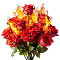 red rose flowers bouquet burning with fire flames on transparent background