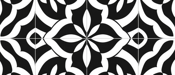 Closeup of black white ornament pattern wall design, tiles seamless pattern art design background texture, lines and geometric shapes wallpaper illustration