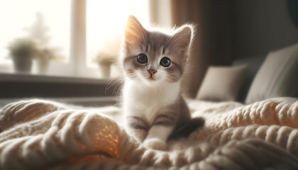 Wide-Format Image of Grey and White Kitten on Soft Blanke