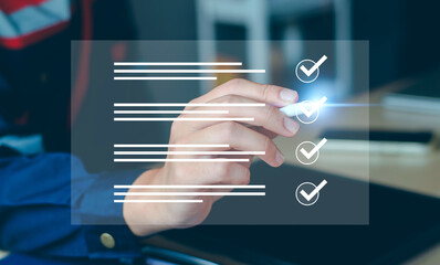 Checklist factory performance monitoring concept, engineering online survey filling out check...