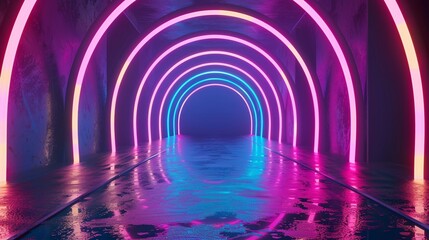 Naklejka premium Neon Arches in a Wet, Reflective Corridor