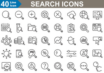 Search line icons set vector illustration. Magnifying glass, research, find, zoom,  SEO, history, detect and identify.