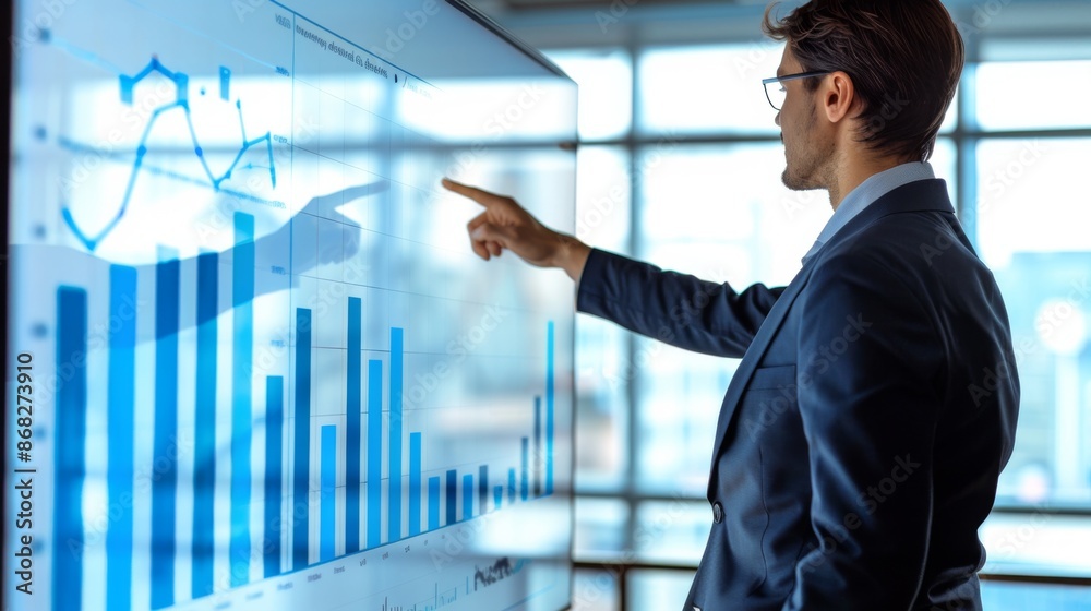 Poster A business professional pointing to a large bar graph on a presentation screen, illustrating growth and performance metrics.