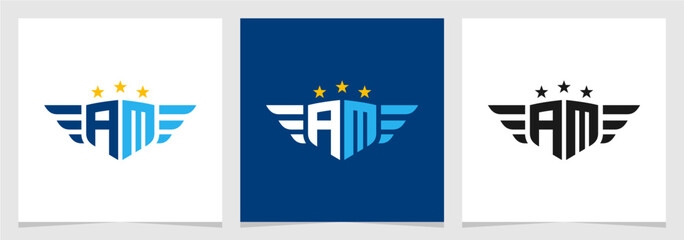 Initial AM Shield with Wings and Star Logo Vector