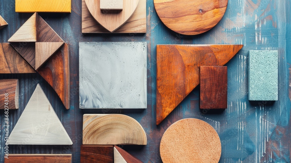 Fototapete geometric shapes on wooden surface with space for text overhead view flat lay
