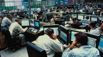 A busy trading floor with traders working on computers, making phone calls, and discussing market movements.