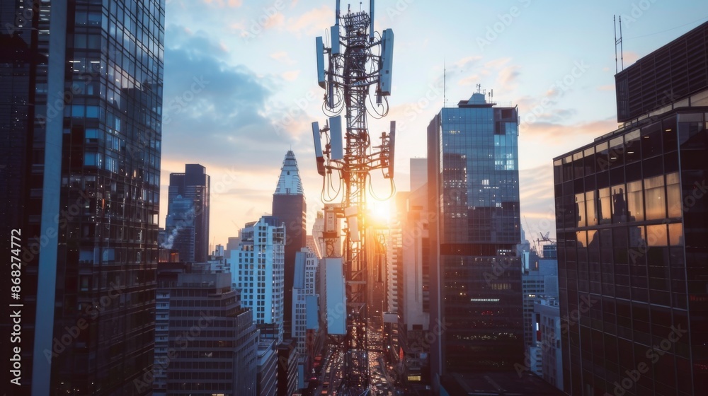 Poster a cellphone tower in an urban setting, surrounded by skyscrapers and busy streets, illustrating the 
