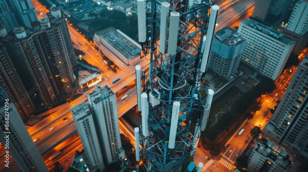 Poster a cellphone tower in an urban setting, surrounded by skyscrapers and busy streets, illustrating the 