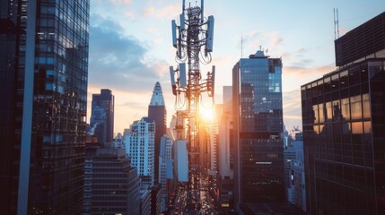 Obraz premium A cellphone tower in an urban setting, surrounded by skyscrapers and busy streets, illustrating the integration of technology in the city.