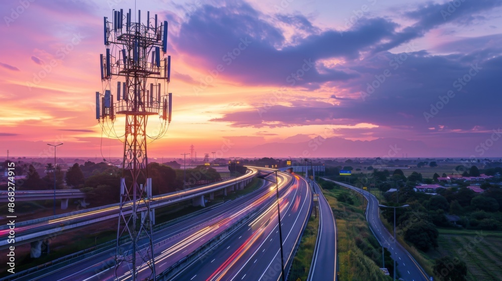 Poster a cellphone tower standing next to a highway, ensuring seamless communication for travelers and comm