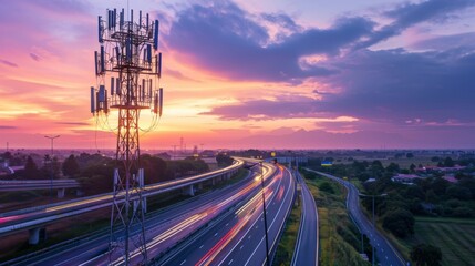 A cellphone tower standing next to a highway, ensuring seamless communication for travelers and commuters.