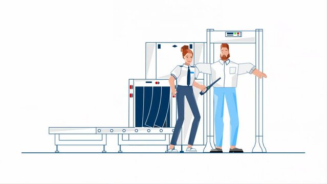 Cartoon Animation Depicting the Security Check at an Airport. Passenger Walking Through Metal Detector While a Female Security Officer Scans Their Baggage 2D Illustration