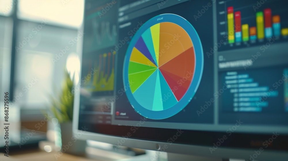 Poster A close-up of a computer screen displaying a colorful pie chart, representing data analysis and market segmentation.