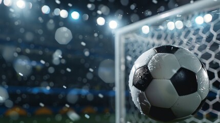 Naklejka premium Football match moment with ball hitting the net in rainy weather