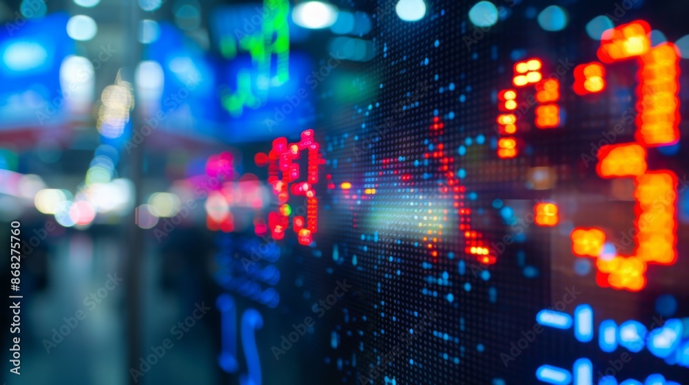 Fototapete A close-up of a computer screen with a real-time stock ticker, showing rapid changes in stock prices and trading volume.
