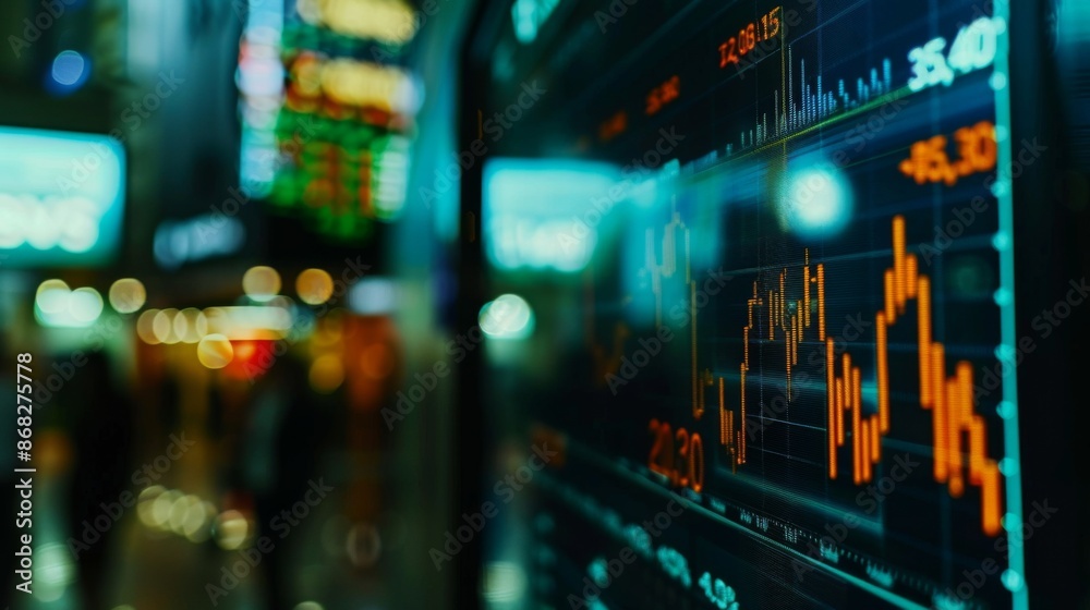 Poster A close-up of a computer screen with a real-time stock ticker, showing rapid changes in stock prices and trading volume.