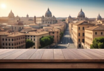 Fototapeta premium The empty wooden table top with blur background of Rome. Exuberant image for mounting your product