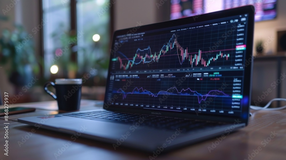 Leinwandbilder a close-up of a laptop displaying a financial dashboard with various graphs and charts showing real-