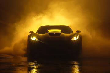 Silhouette front view of a black sports car in a foggy-toned background with glowing yellow lights...