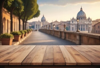 Fototapeta premium The empty wooden table top with blur background of Rome. Exuberant image for mounting your product