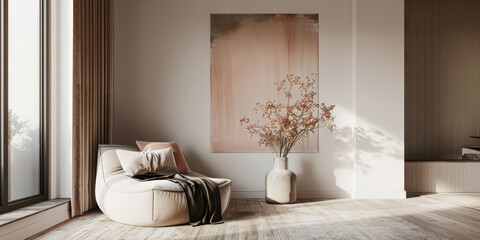Modern interiors in rustic style with minimalist furniture, in peach color and natural lighting. Residential Real Estate composition for premium properties.