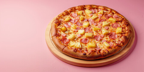 Delicious crispy hawaiian pizza with ham, pineapple and cheese on pink background, copy space