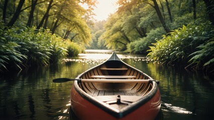 Canoe on a River in a Forest.