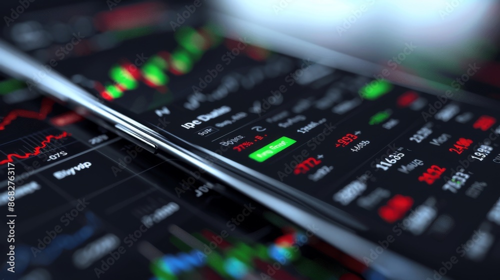 Poster a close-up of a smartphone screen showing a stock trading app with live stock prices, buy/sell butto