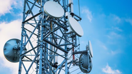 A close-up of antennas and dishes on a cellphone tower, highlighting the intricate technology involved.