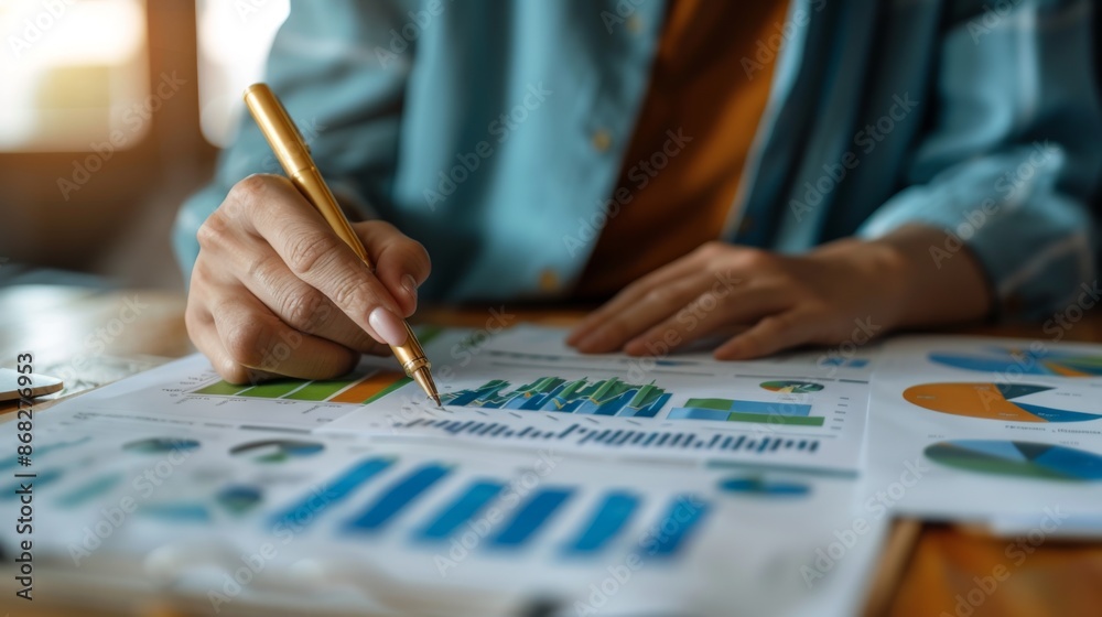 Poster a close-up of hands working on a financial report with printed graphs and charts, highlighting detai